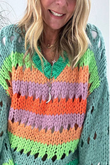 This Season Knit Multi-color Hollow V-neck Balloon Sleeve Loose Sweater