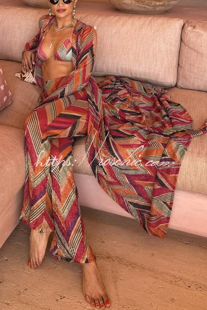 Gypsy Girl Triangle Pattern Beaded Tie-up Waist Stretch Loose Pants