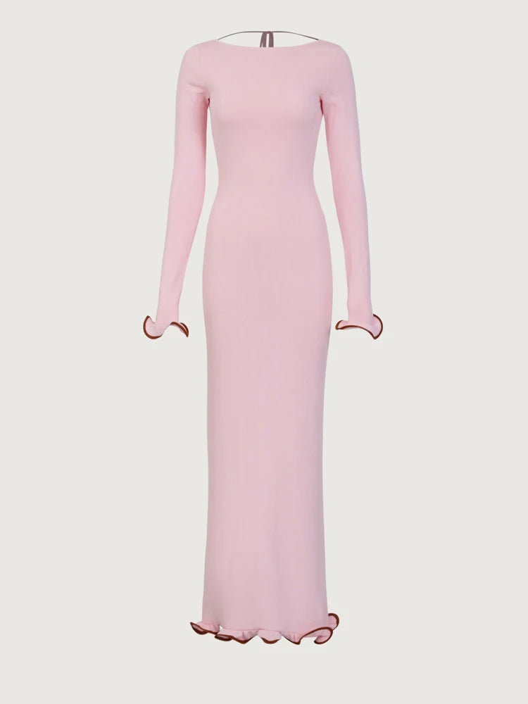 Knit Sweater Ruffled Long Dress Backless Ribbed Long Sleeve Party Dress Female Knitwear Autumn Dress