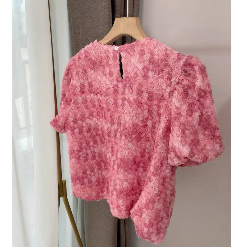 Round Neck Gradient Pink Puff Sleeve Blouse