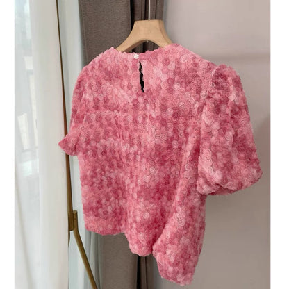 Round Neck Gradient Pink Puff Sleeve Blouse