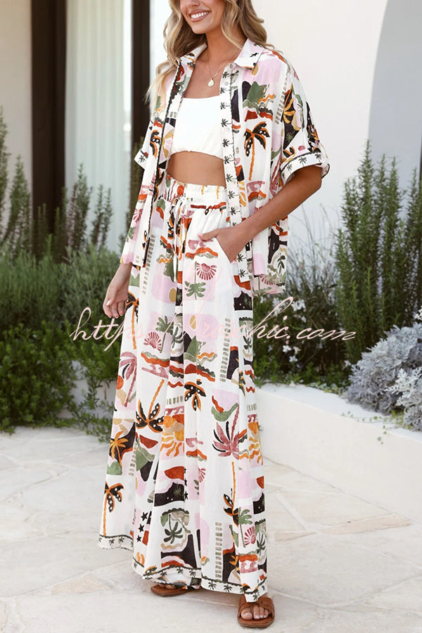 Holiday Style Holiday Print Short-sleeved Shirt and Elastic Waist Loose Pocket Wide-leg Pants Set