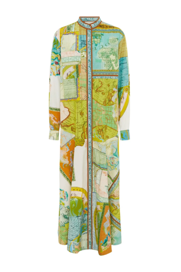 Travel Around the World Unique Print Balloon Sleeve Belt Shirt Midi Dress
