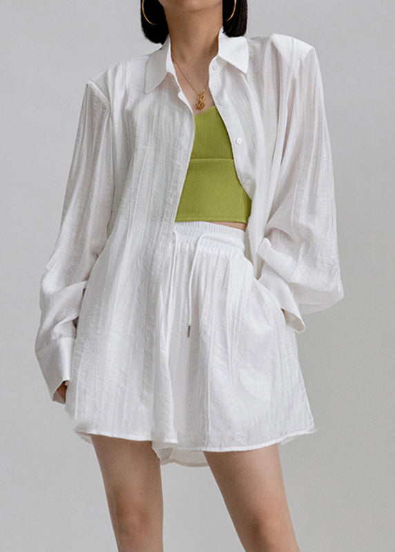 White Peter Pan Collar Shirts and Shorts Two Pieces Set Long Sleeve An1031