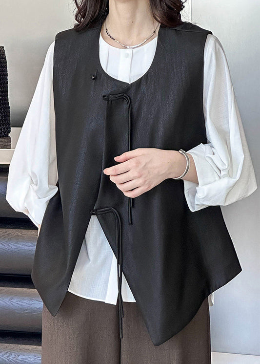 French Black Button Cotton Waistcoat Sleeveless Af1088