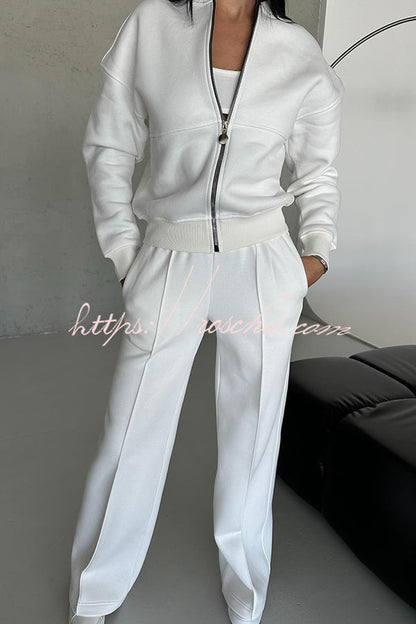 Color Long Sleeve Zipper Jacket and Elastic Waist Pocket Wide Leg Pants Set