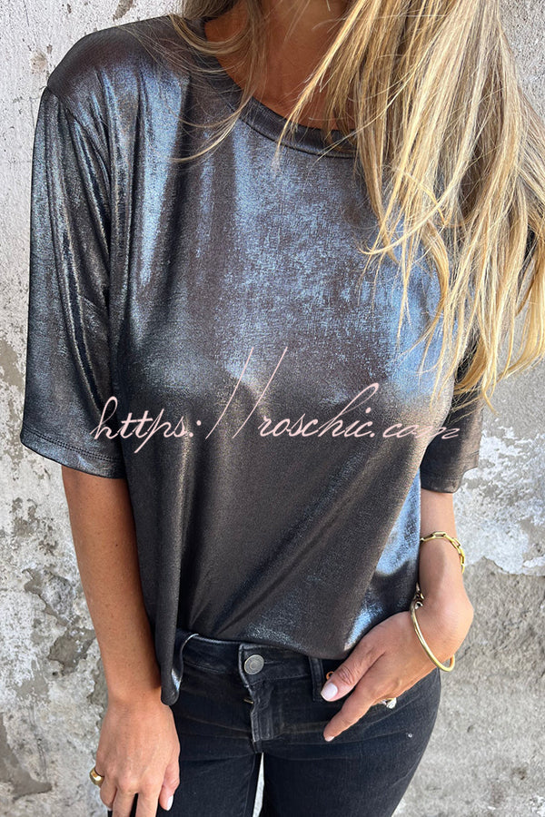 Metallic Color Round Neck Short-sleeved Loose T-shirt