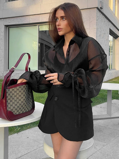 See Through Mesh Cardigan for Lace Up Long Sleeve Shirts Female Black Loose Shirt New