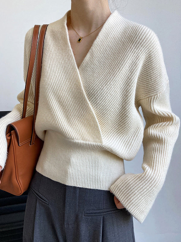 French Grey Cross V-neck Long Sleeve Sweater Qx012