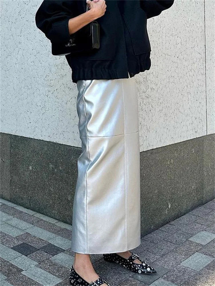 Patchwork High Waist Long Skirt Metallic Slim Pu Maxi Dress Female Autumn Maxi Skirt