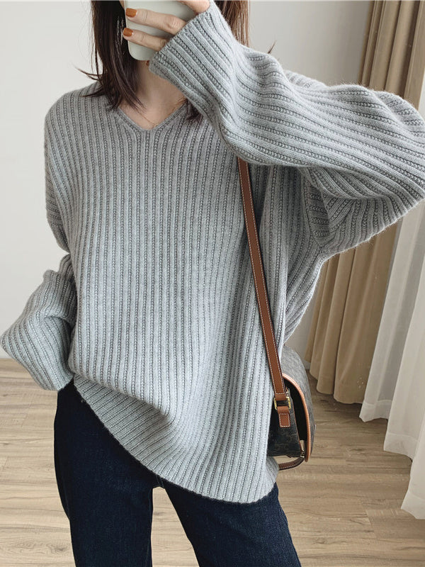 Caramel V-neck Long Sleeves Striped Knit Sweater Qx001