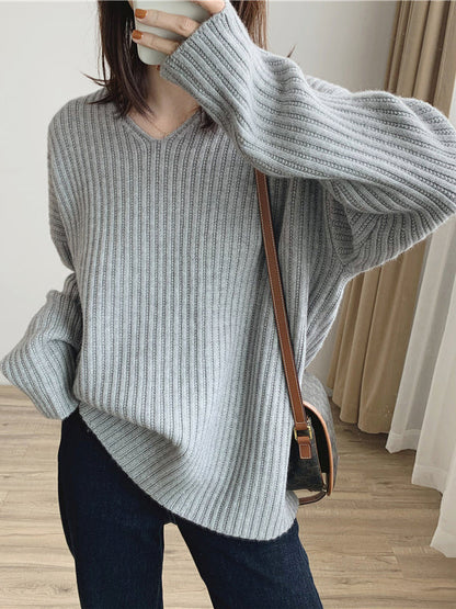 Caramel V-neck Long Sleeves Striped Knit Sweater Qx001