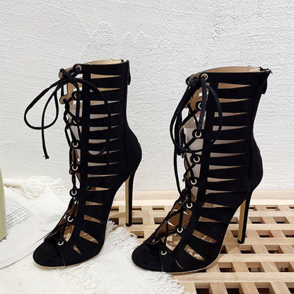 Liyke Summer Hollow Out Cross Tied Ankle Boots Sandals Gladiator Peep Toe Zip Thin High Heels Shoes Black