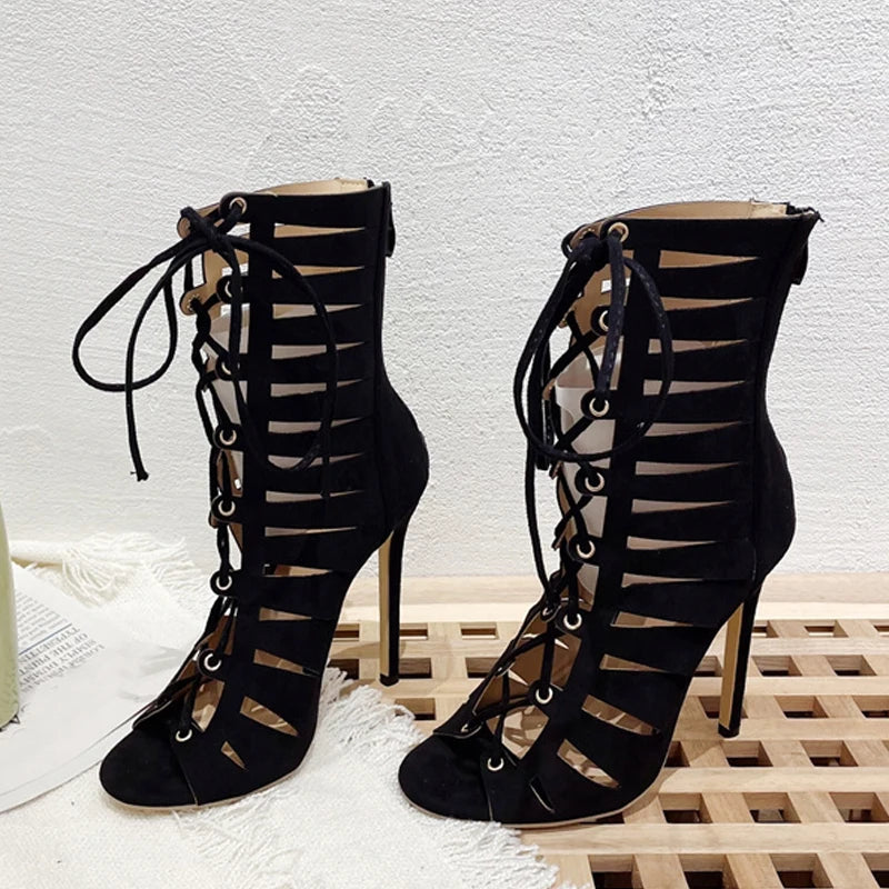 Liyke Summer Hollow Out Cross Tied Ankle Boots Sandals Gladiator Peep Toe Zip Thin High Heels Shoes Black
