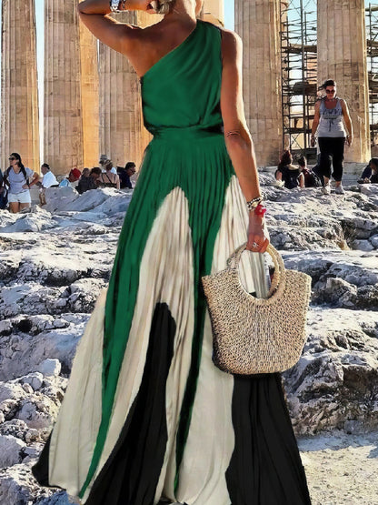Sleeveless Asymmetric Pleated Printed One-shoulder Maxi Dresses