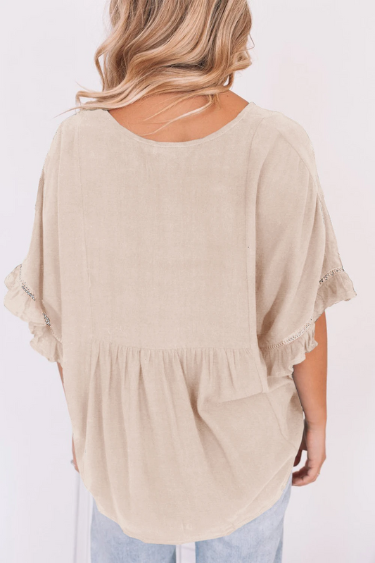 Plain V Neck Ruched Ruffle Trim Short Sleeve Blouse