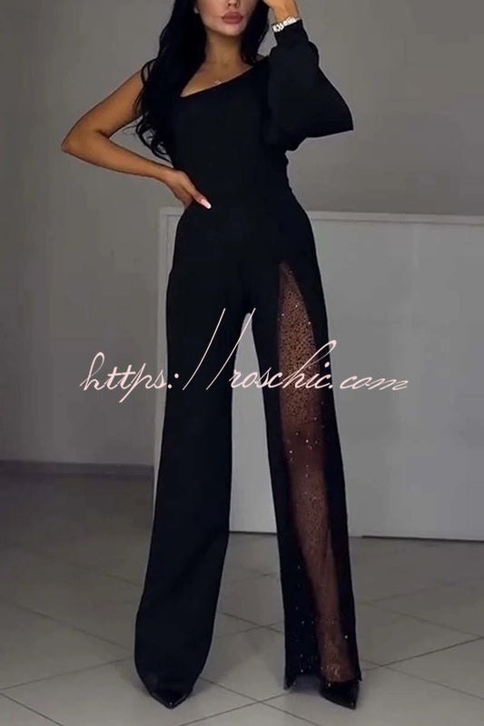 Fashionable Oblique Shoulder One-sleeve High Slit Slim Jumpsuit