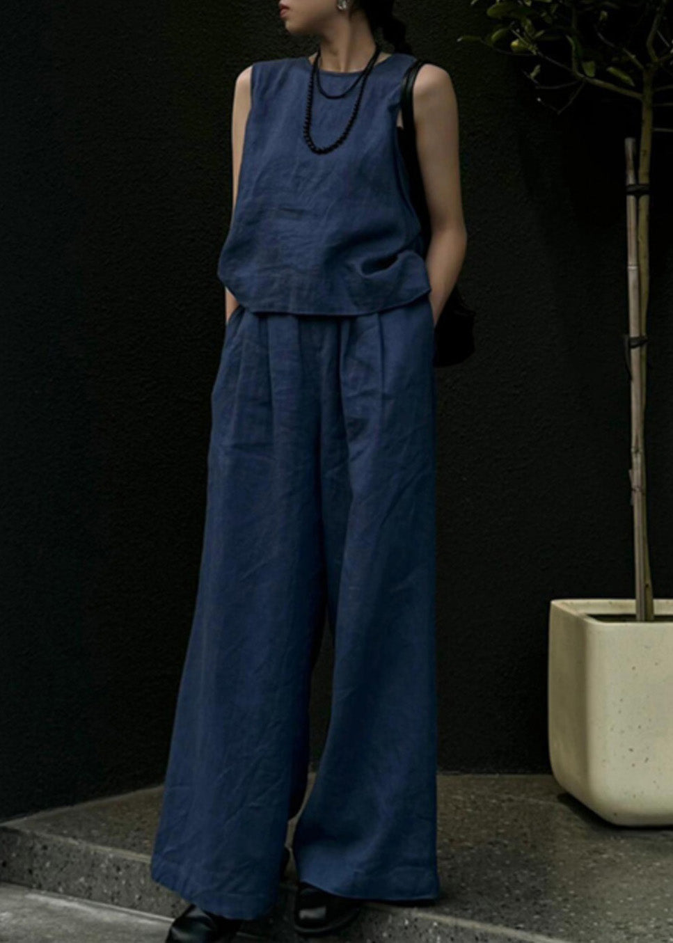 Blue Linen Vest and Wide Leg Pants Two Pieces Set Sleeveless An1026