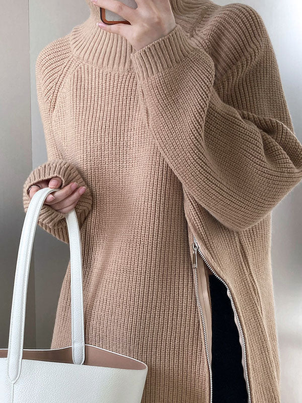 Urban Grey Halter-neck Split-side Zip-up Long Sleeve Sweater An1033