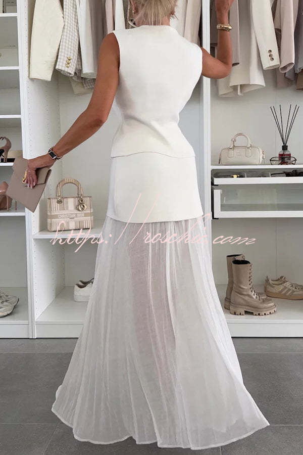 Stylish and Knit Spliced Tulle Elastic Waist Pleated Maxi Skirt