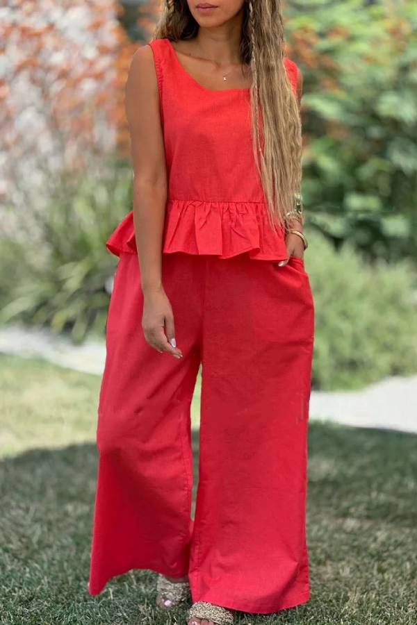 Cotton and Linen Color Sleeveless Top \u0026 Wide Leg Pants Two-piece Set
