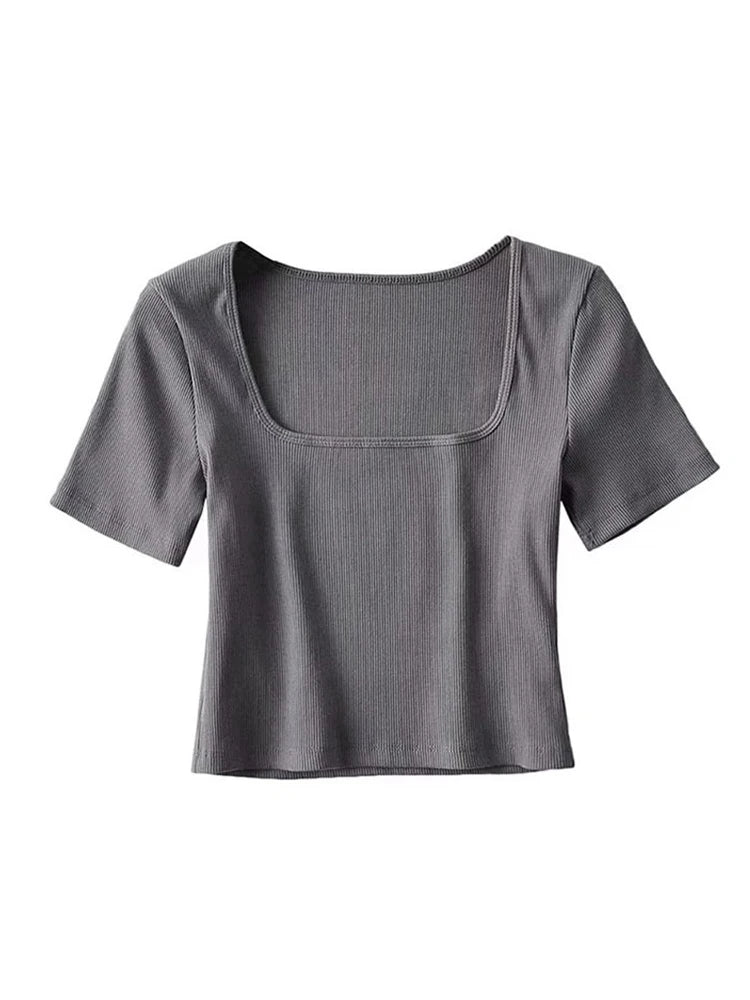 Square Neck Rib Crop T-shirt Short Sleeve Crop Top