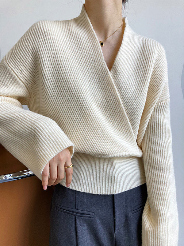 French Grey Cross V-neck Long Sleeve Sweater Qx012