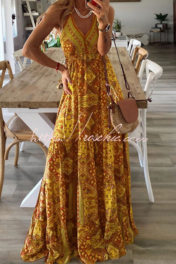 Celeste Printed Strap Elastic Waist Maxi Dresses