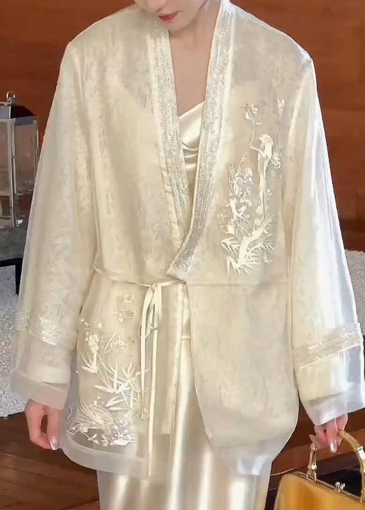 Cardigan Neck V Embroidered Up Lace Silk Beige Spring