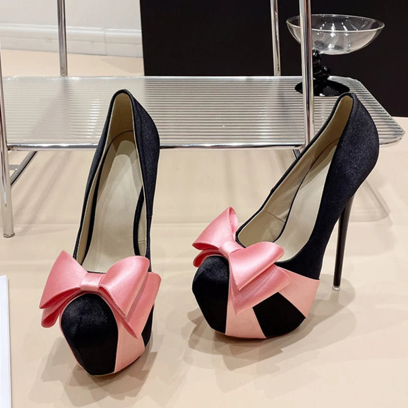Liyke Design Bowknot Round Toe Platform Pumps Wedding Banquet Shoes Stripper Pole Dance High Heels Black Pink