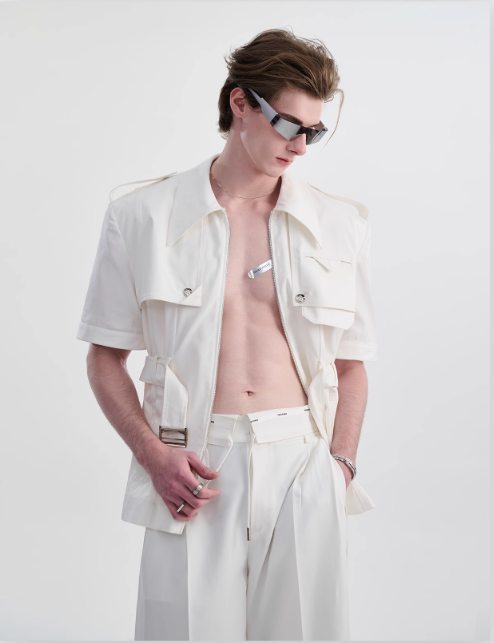B&w Structured Belted Shirt & Shorts Set