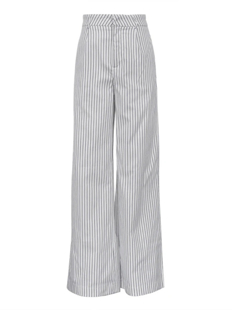 ’s Black White Stripe Wide Leg Pants New High Waist Zipper Loose Work Business Pants With Pockets
