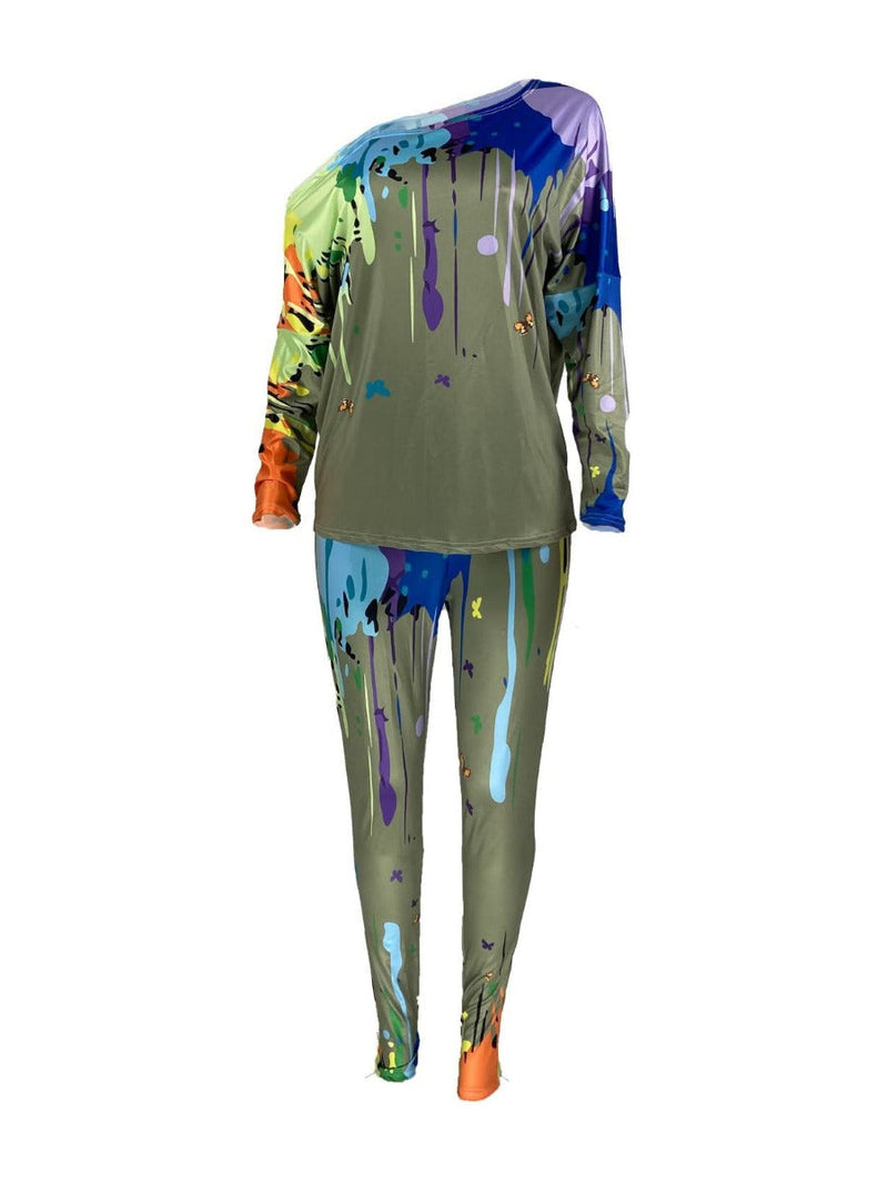 Inclined Neck Splash Ink Pants Set At908
