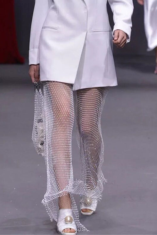 Rhinestone Hollow Out Fishnet Slit Pants