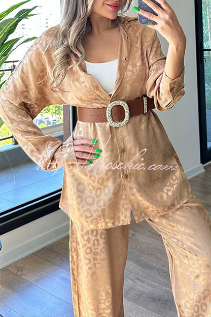 Leopard Print Jacquard Long Sleeved Shirt With Elastic Waist and Pant Two Piece Set