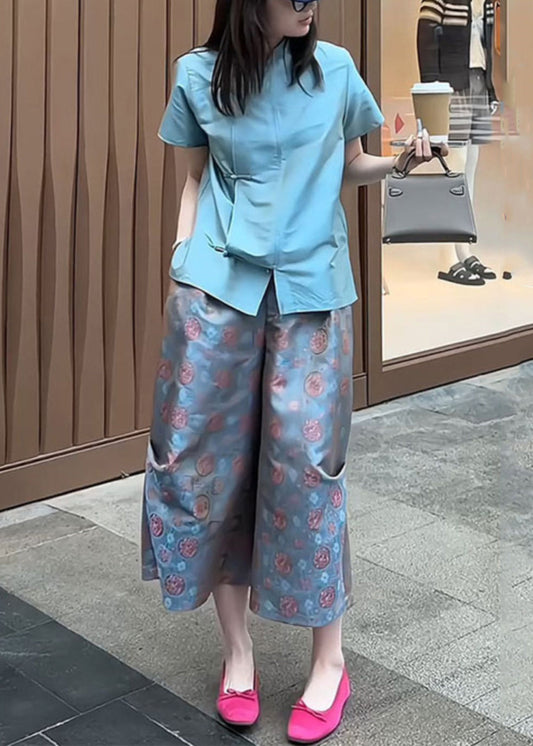 New Blue Button Shirt and Crop Pants Two-piece Set Summer Qt031