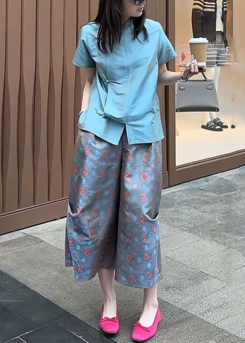 New Blue Button Shirt and Crop Pants Two-piece Set Summer Qt031