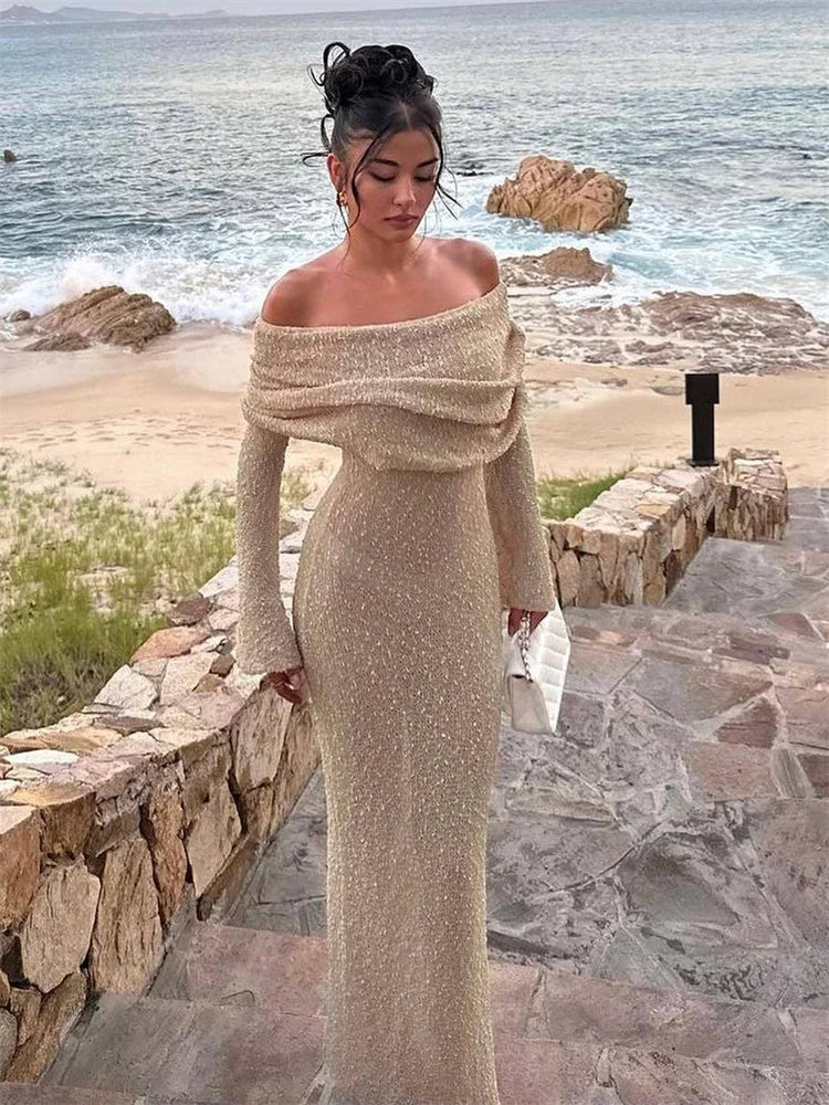 Knit Hollow Out Off-shoulder Maxi Dress Female Cover Up Loose Long Sleeve Holiday Beach Party Dress Knitwear Dress
