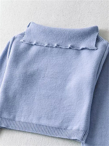 Off-shoulder Cropped Pullover Top Sweater E-girl Blue Turn-down Collar Crop Sweaters Knit Tops