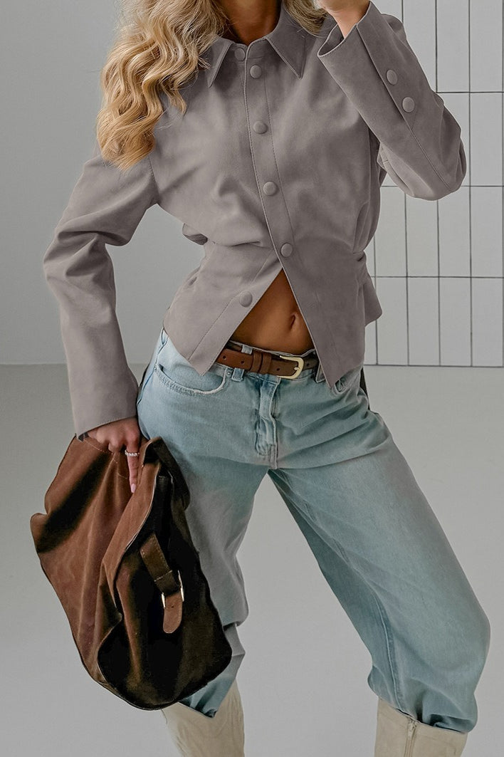 Khaki Suede Waist Cinched Blouse
