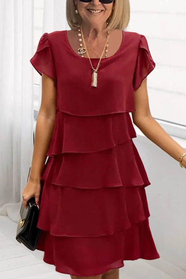 Color Round Neck Short Sleeve Multi-layered Mini Dress