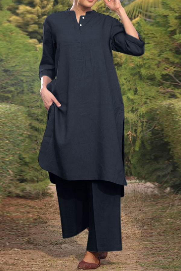Cotton and Linen V-neck 3\/4 Sleeve Wide Brimmed Pants 2-piece Set