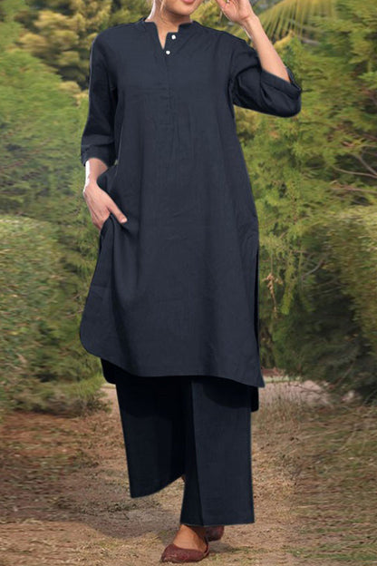Cotton and Linen V-neck 3/4 Sleeve Wide Brimmed Pants 2-piece Set