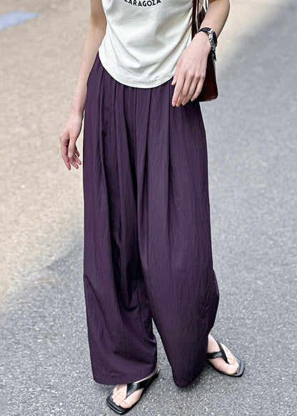 Purple Pockets Elastic Waist Cotton Pants Summer Af1074