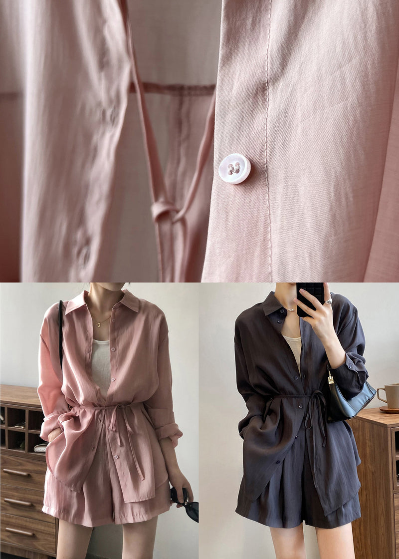 Pieces Shorts Up Lace Two Set Shirts Silk Pockets Pink and Loose