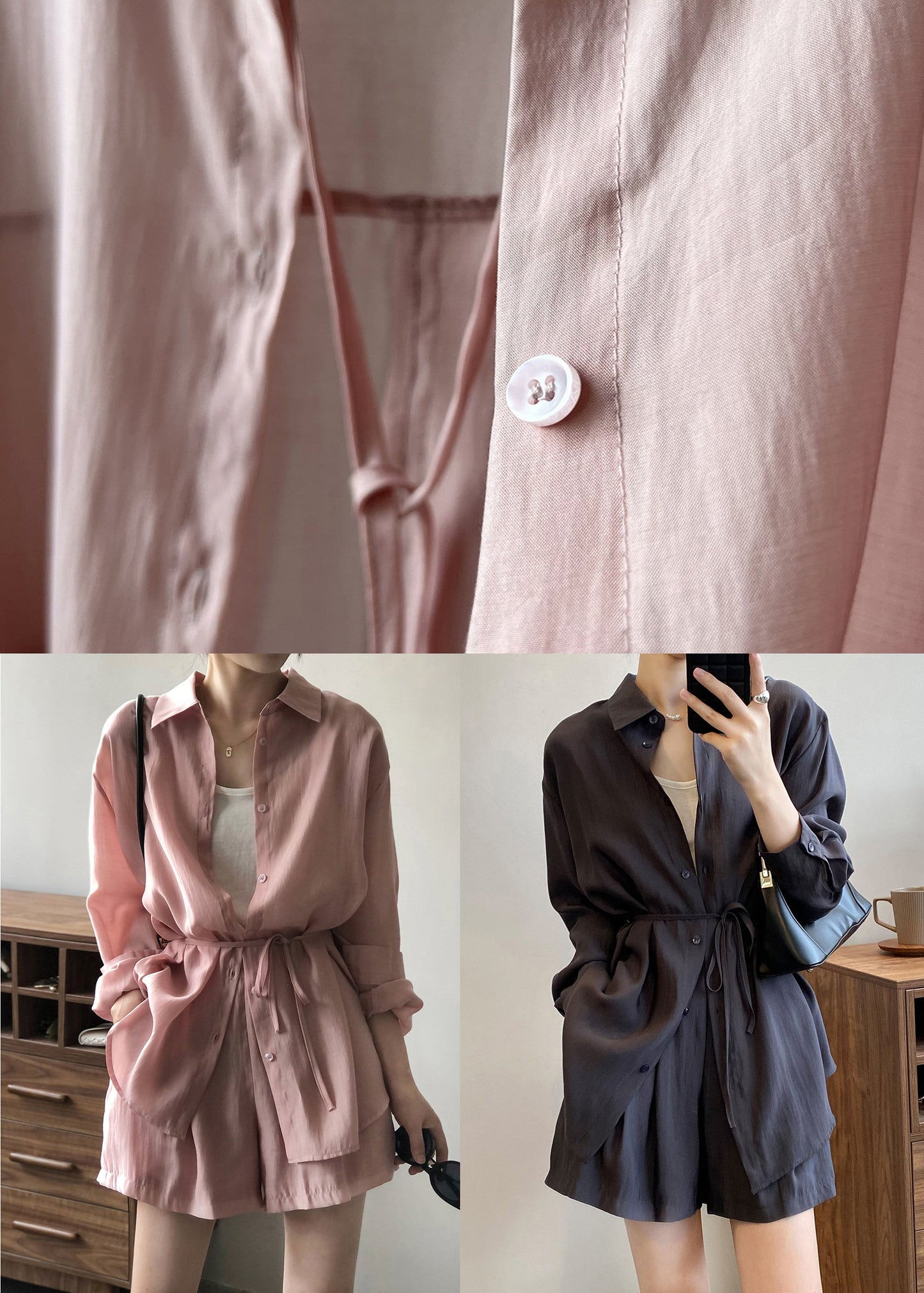 Spring Button Gray Peter Dark Silk Pan Collar Two-piece Set
