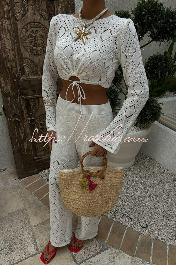Color Hollow Short Long-sleeved Top and Stretch Wide-leg Pants Knitted Set