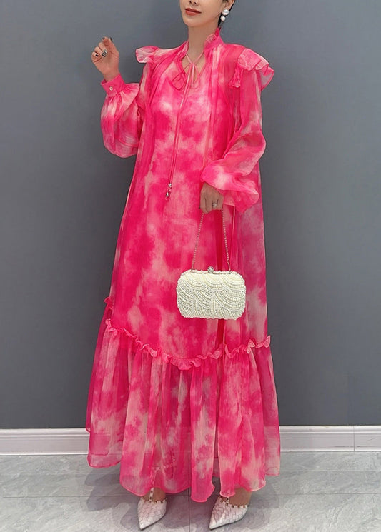 Style Red Stand Collar Ruffled Print Chiffon Maxi Dress Long Sleeve Ao1025