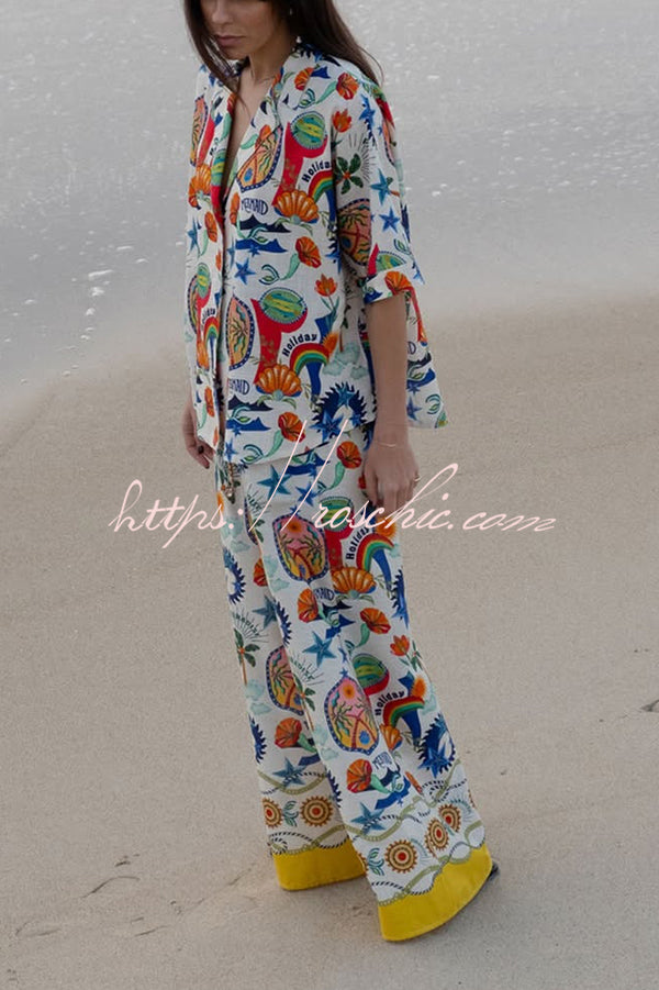 Linen Blend Unique Print Loose Short Sleeve Shirt and Elastic Waist Tie Pocket Pants Set