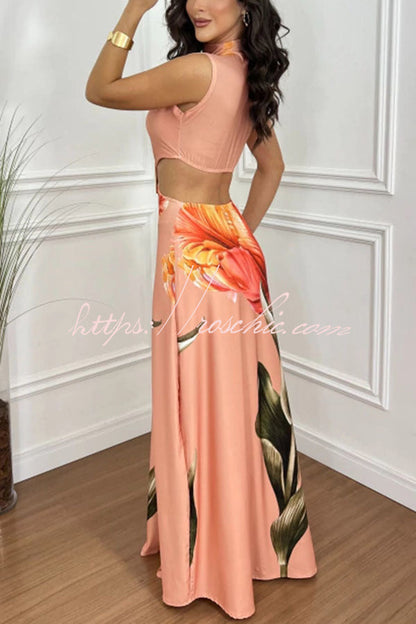 Bettie Printed High Neck Square Buckle Cutout Waist Maxi Dress